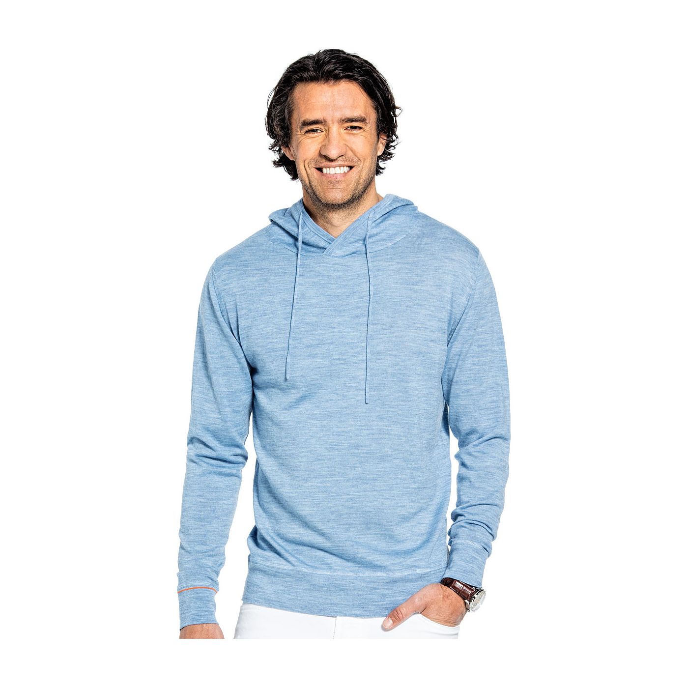 Sweater with hoodie for men made of Merino wool in Light blue