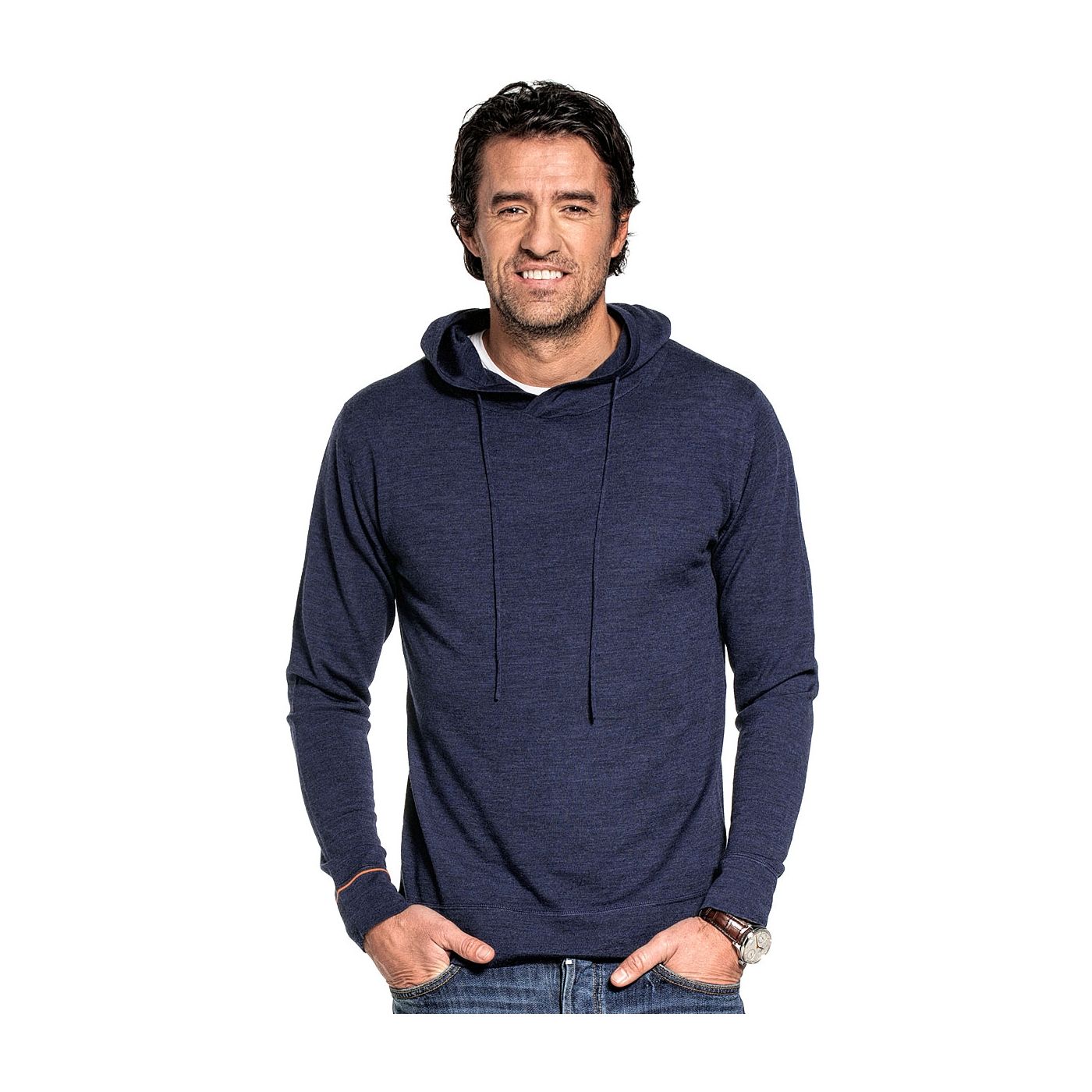 Sweater with hoodie for men made of Merino wool in Blue