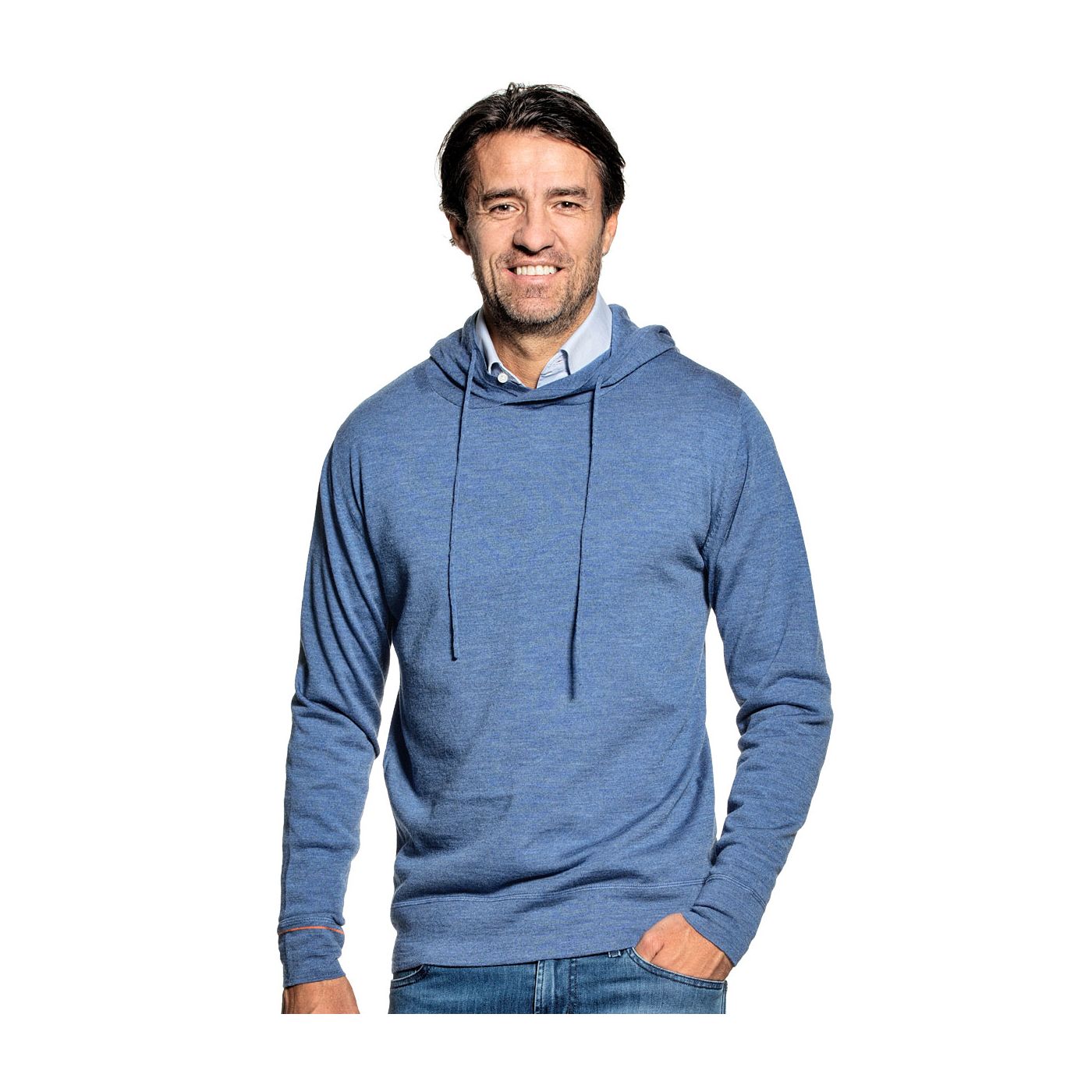 Sweater with hoodie for men made of Merino wool in Bright blue