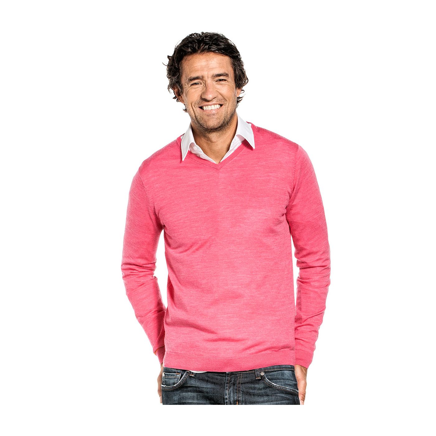 V hals trui voor mannen gemaakt van merinowol in het Roze