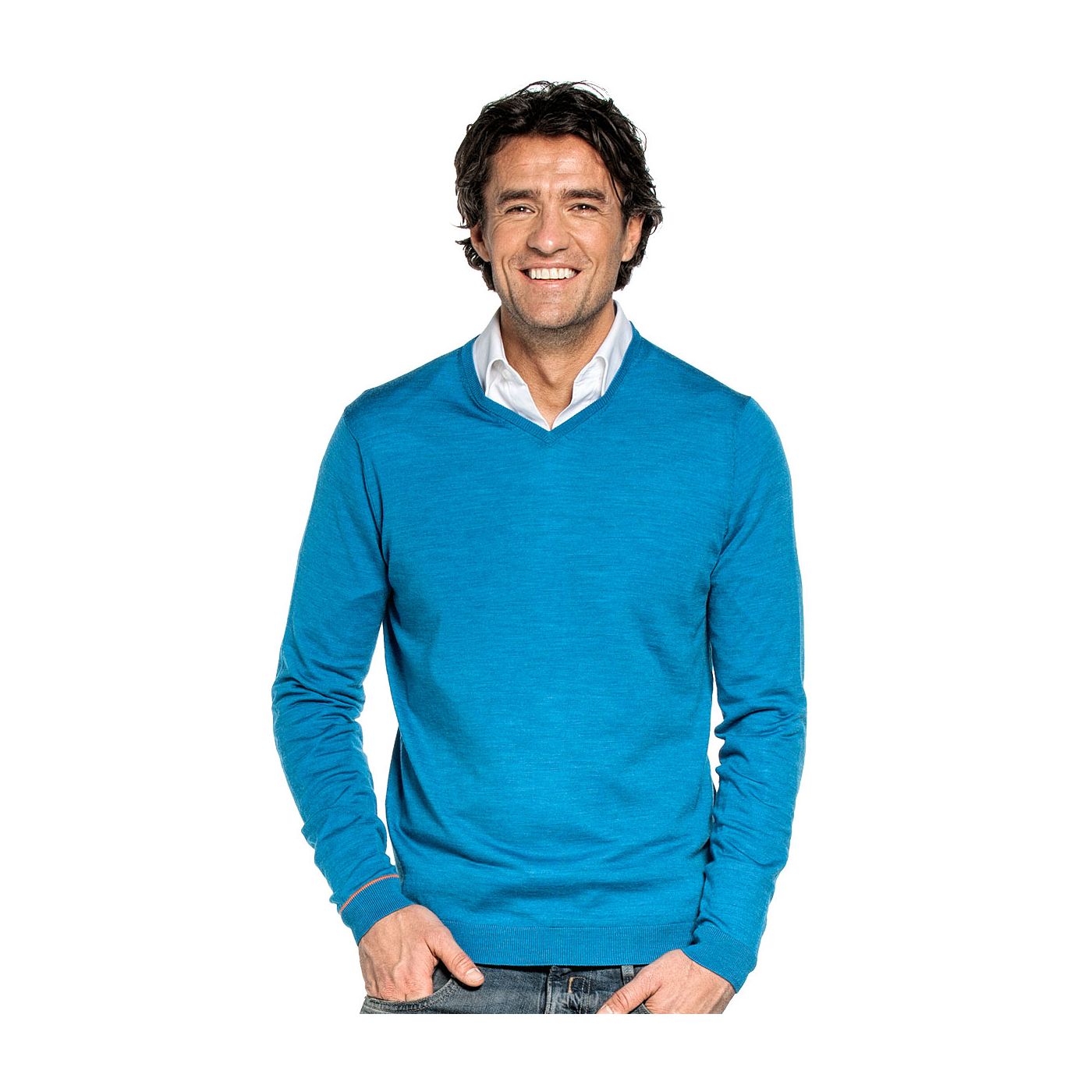 V hals trui voor mannen gemaakt van merinowol in het Helderblauw