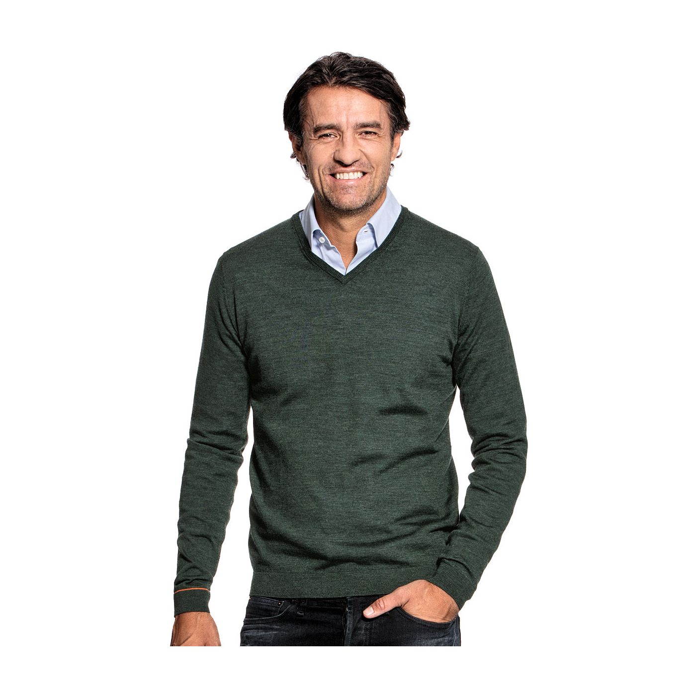 V-Neck sweater for men made of Merino wool in Dark green