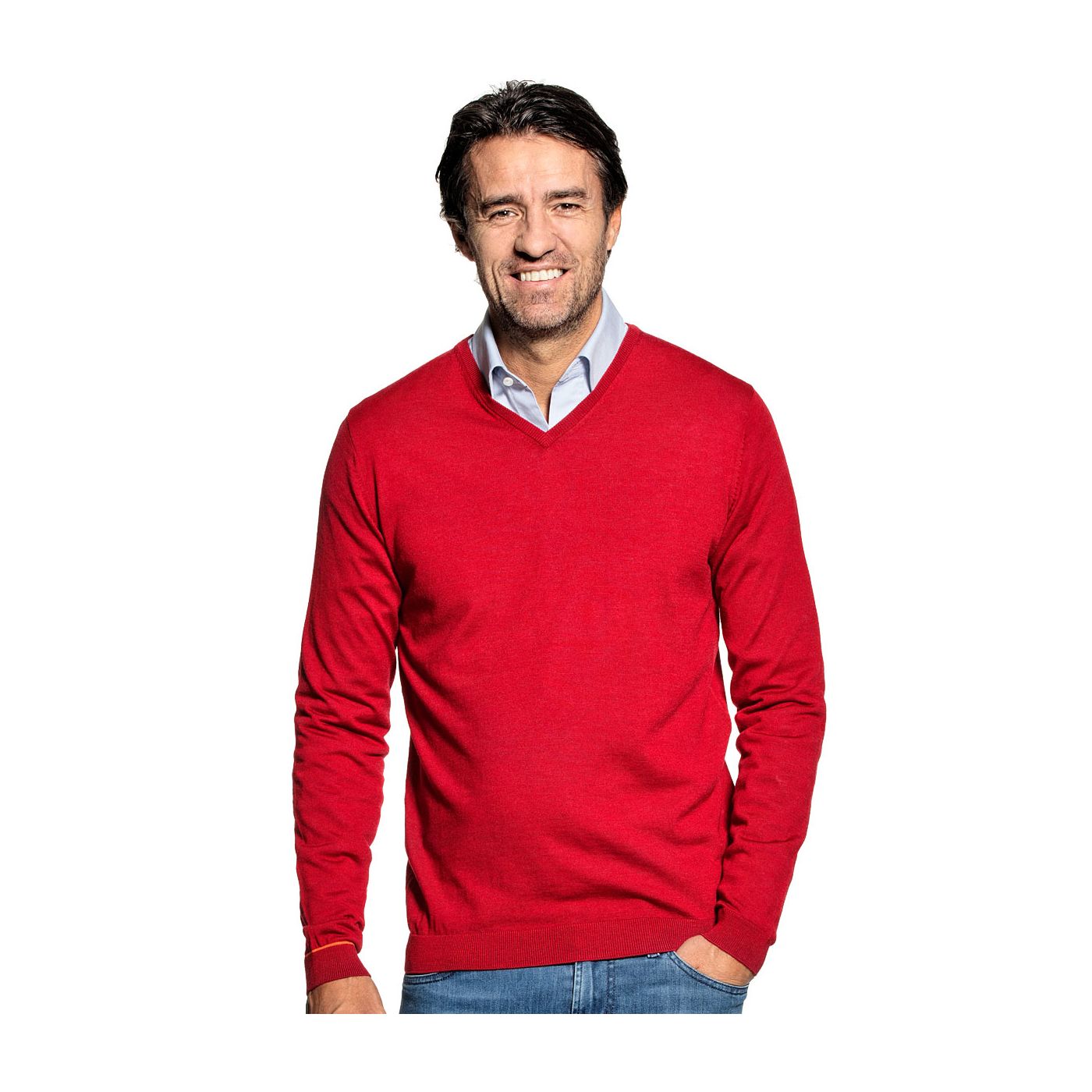 V hals trui voor mannen gemaakt van merinowol in het Rood