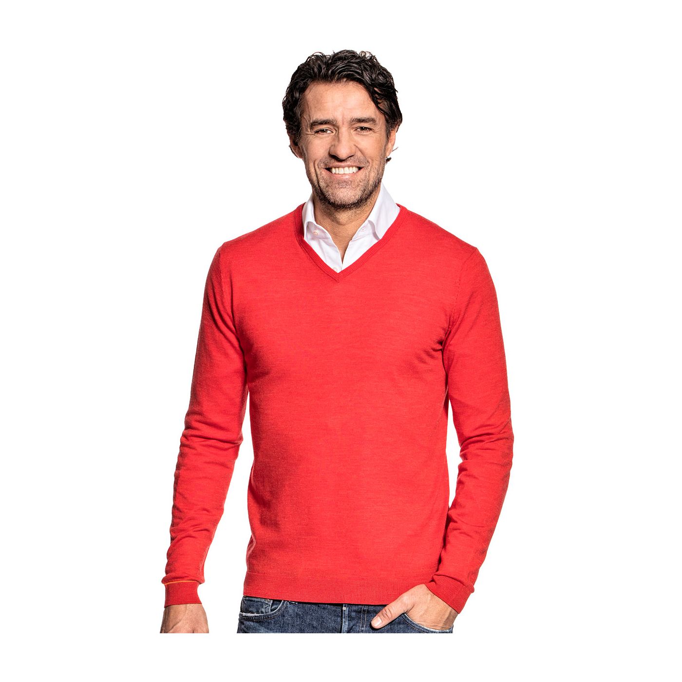 V-Neck sweater for men made of Merino wool in Orange