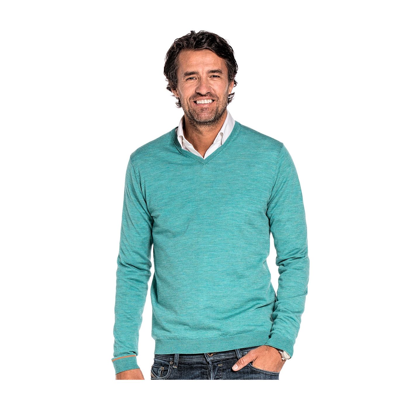 V-Neck sweater for men made of Merino wool in Blue green