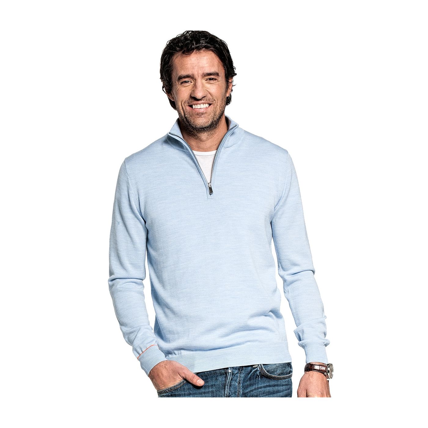 Half zip sweater for men made of Merino wool in Light blue
