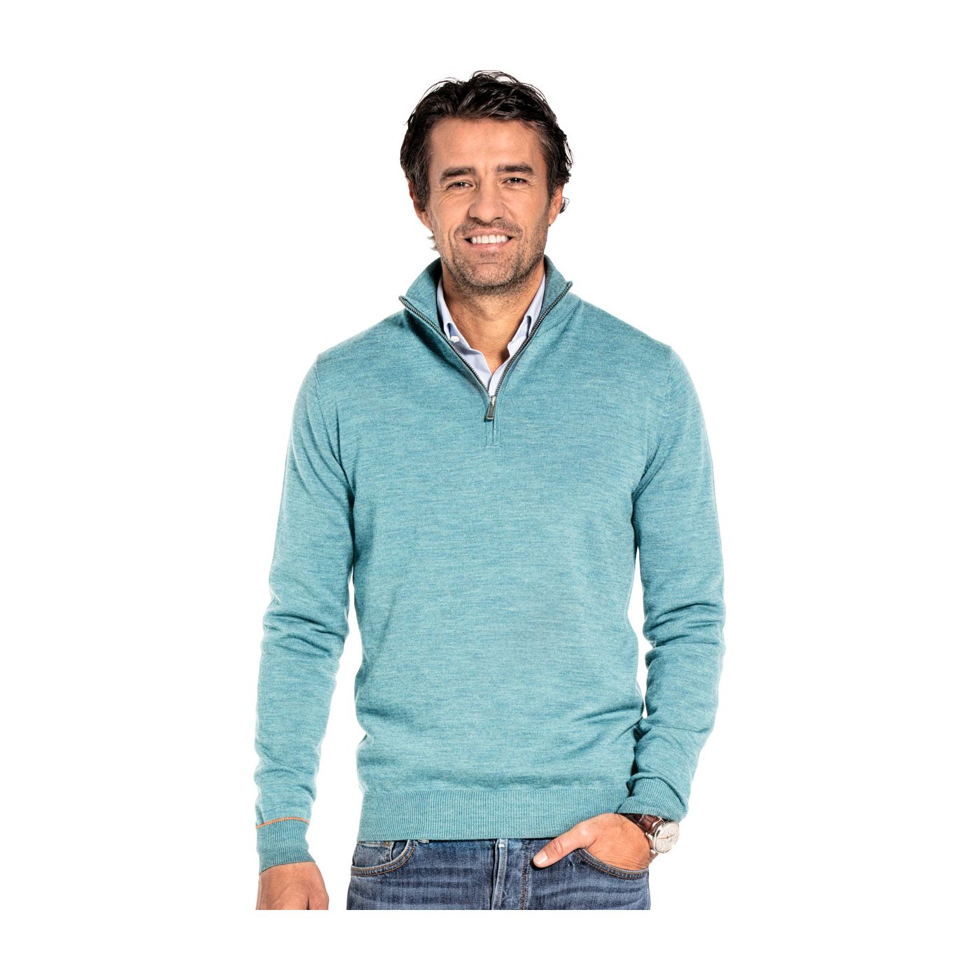 Half zip sweater for men made of Merino wool in Light blue