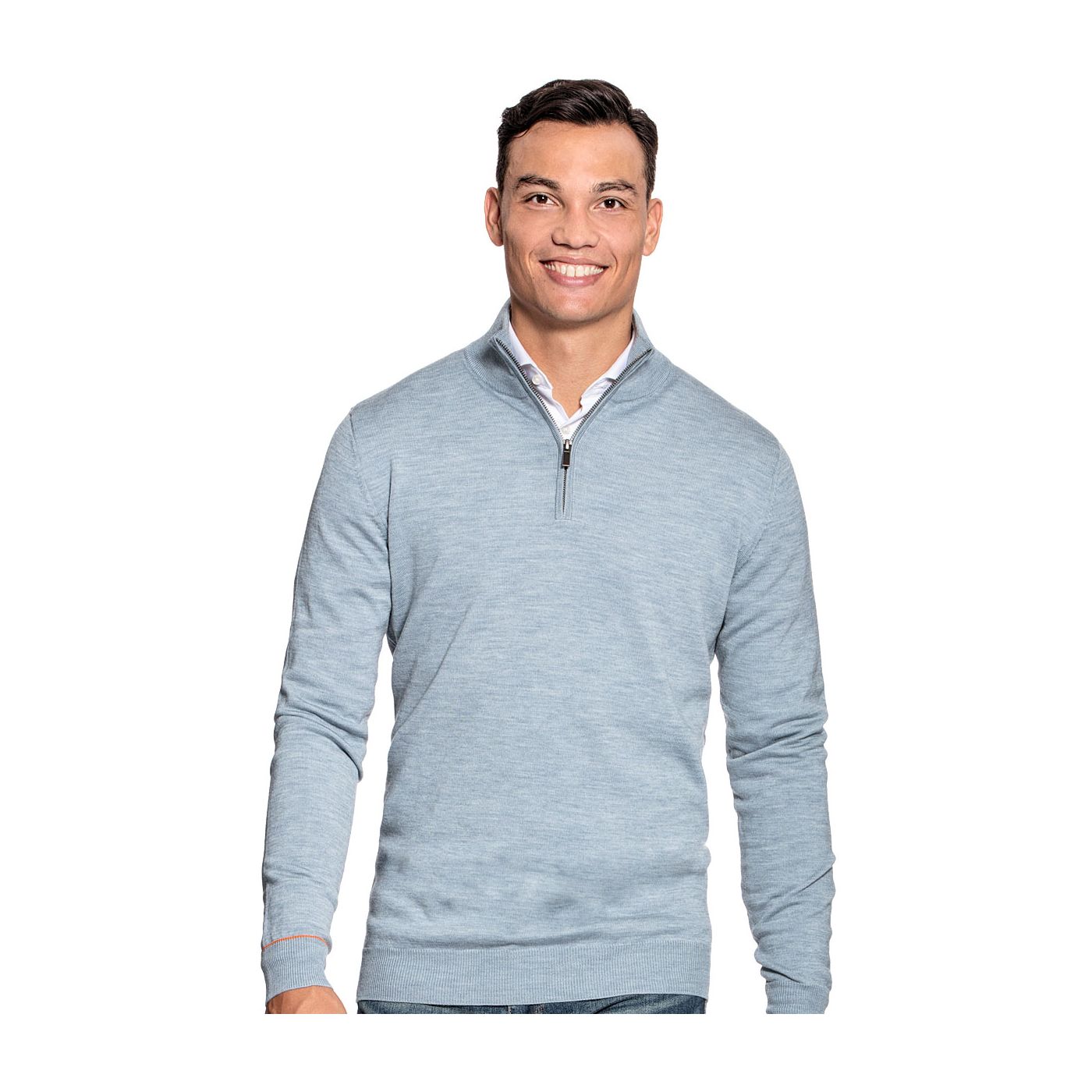 Extra long half zip sweater for men made of Merino wool in Light blue