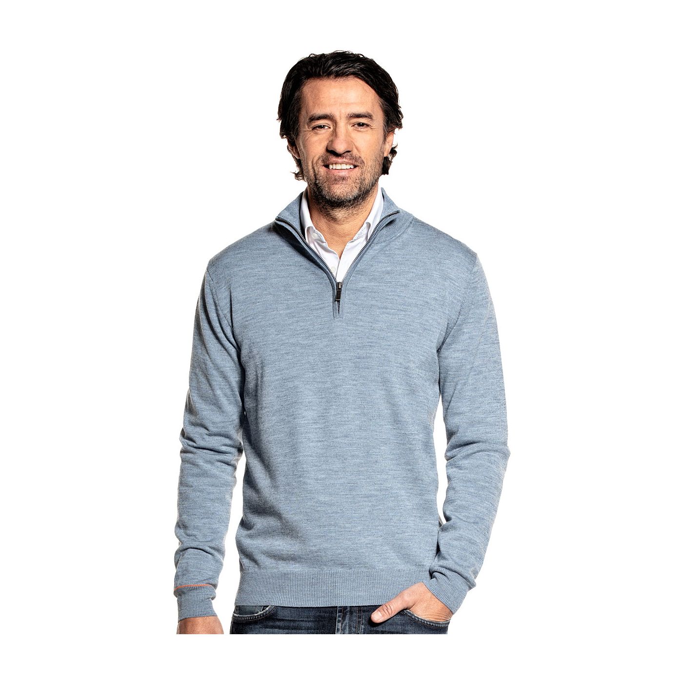Half zip sweater for men made of Merino wool in Blue grey