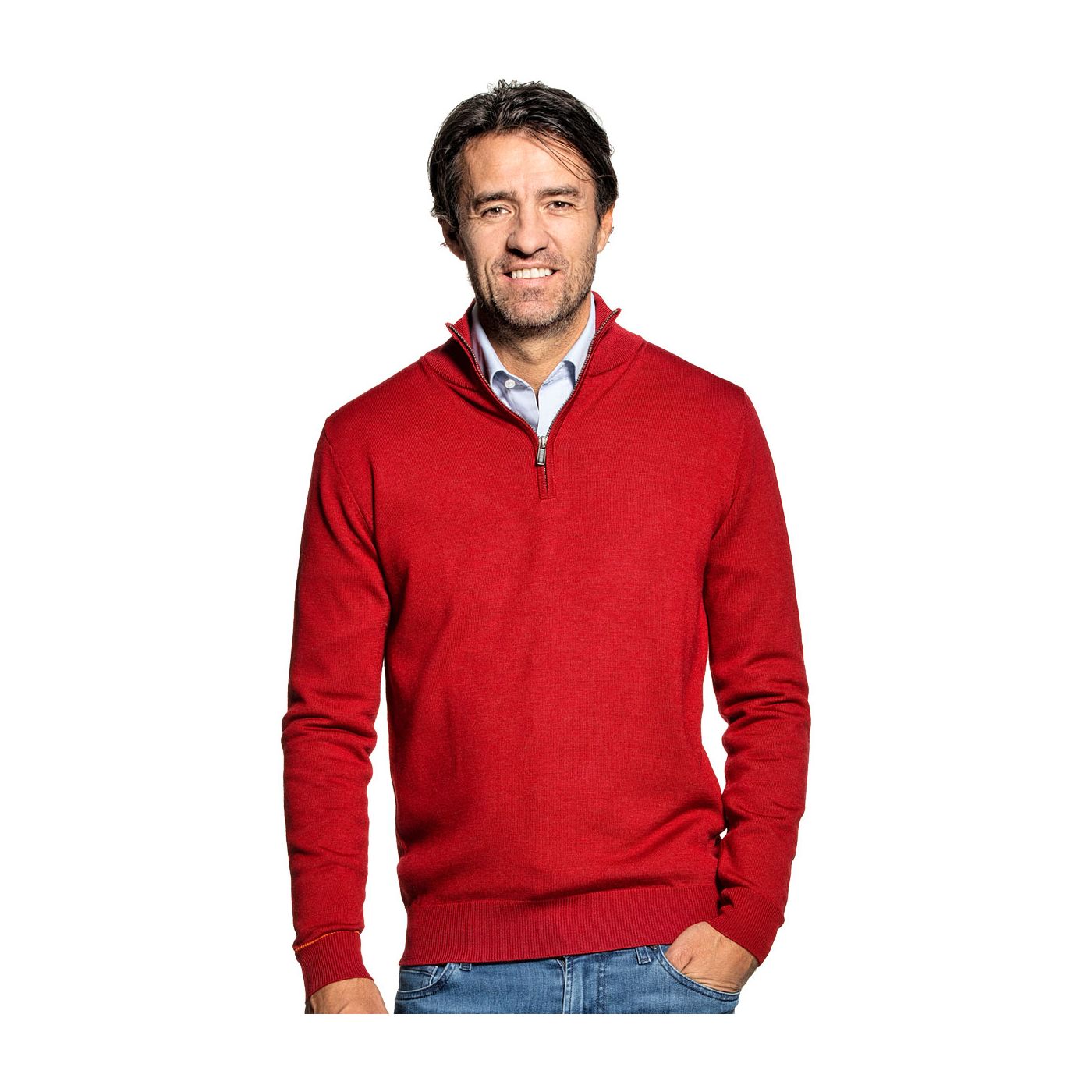 Half zip sweater for men made of Merino wool in Red