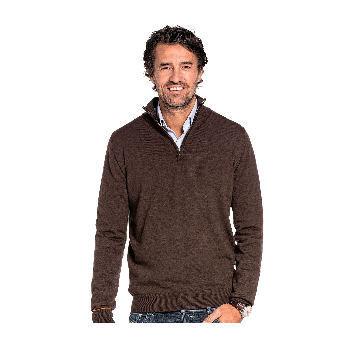 Half zip sweater for men made of Merino wool in Brown