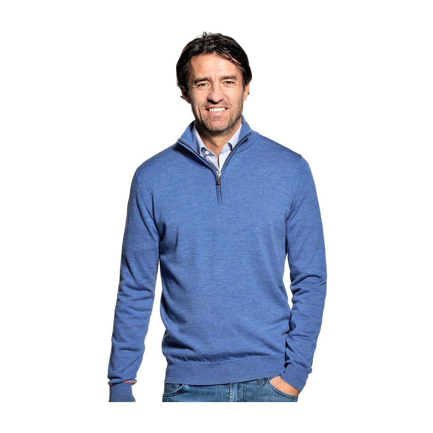 Half zip sweater for men made of Merino wool in Bright blue