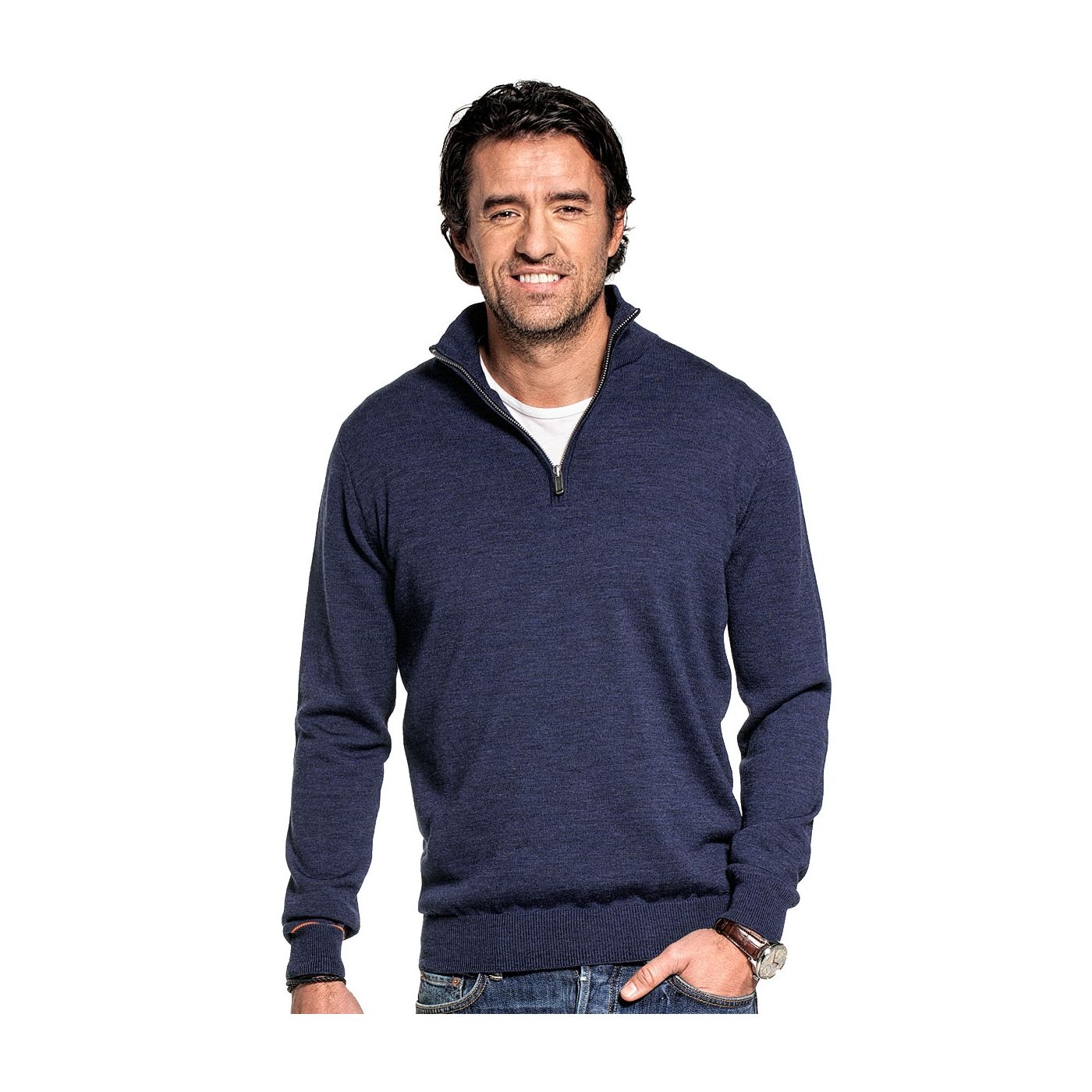 Half zip sweater for men made of Merino wool in Blue