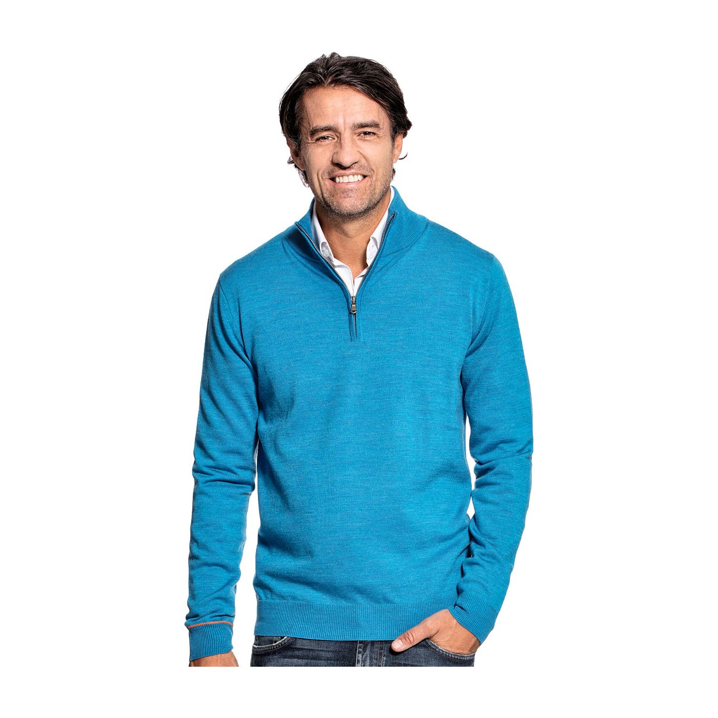 Half zip sweater for men made of Merino wool in Bright blue