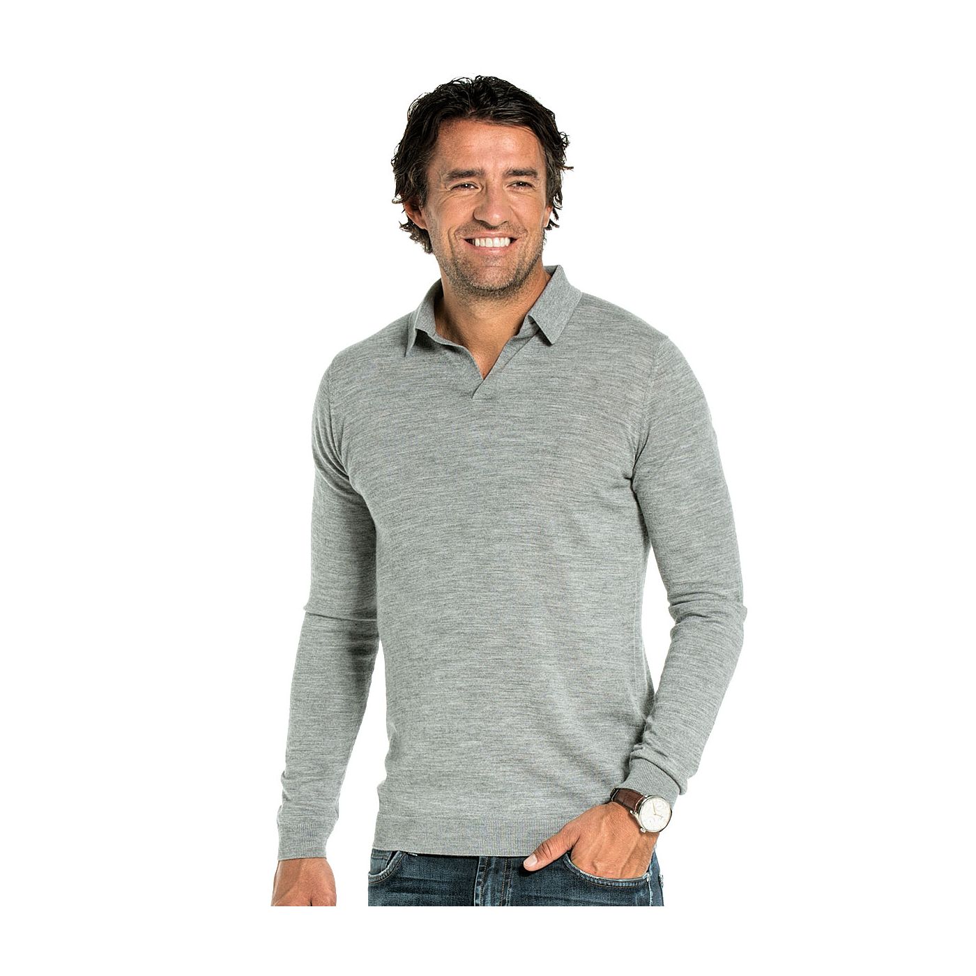 Polo long sleeve without buttons for men made of Merino wool in Grey