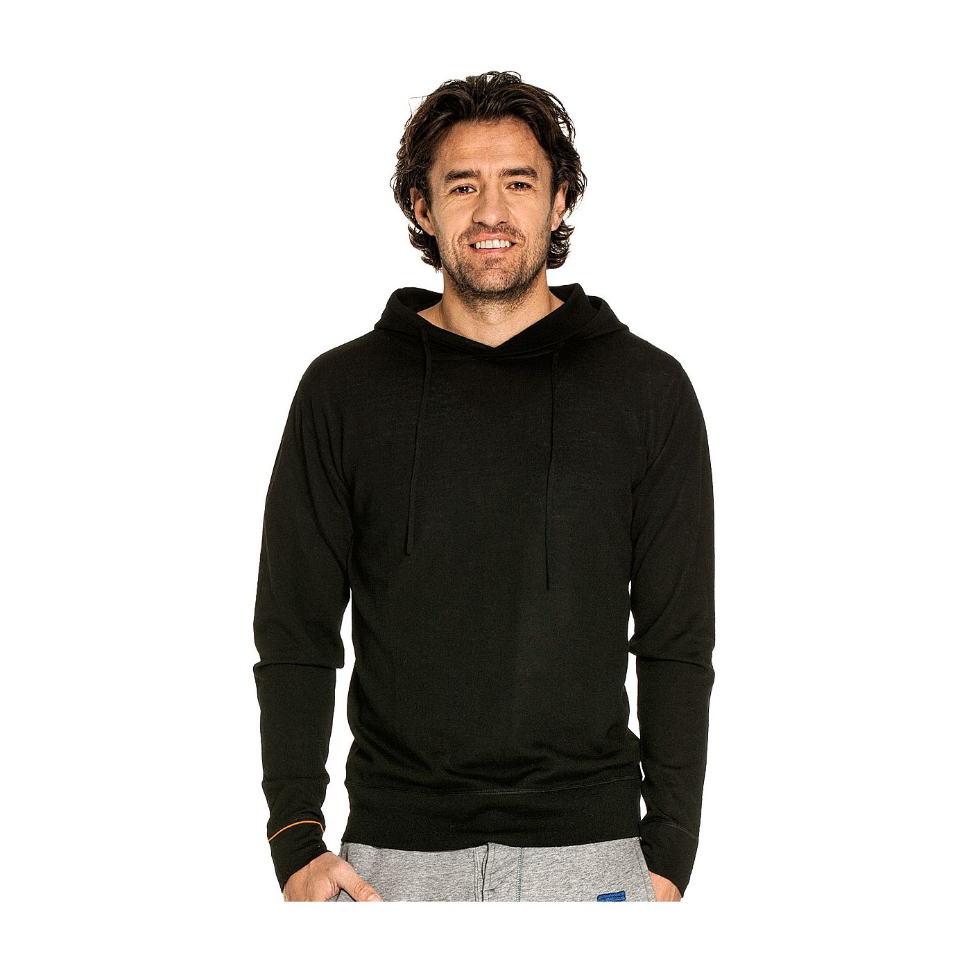 Sweater with hoodie for men made of Merino wool in Black