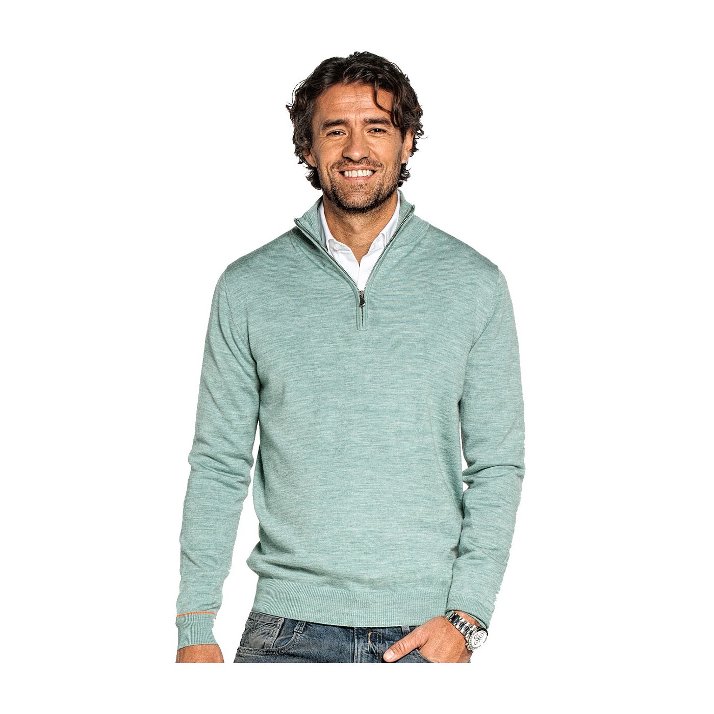Half zip sweater for men made of Merino wool in Light green