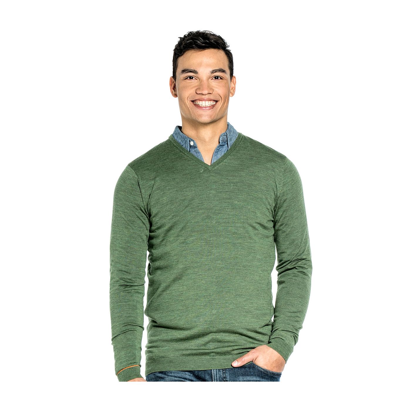V hals trui voor mannen gemaakt van merinowol in het Groen