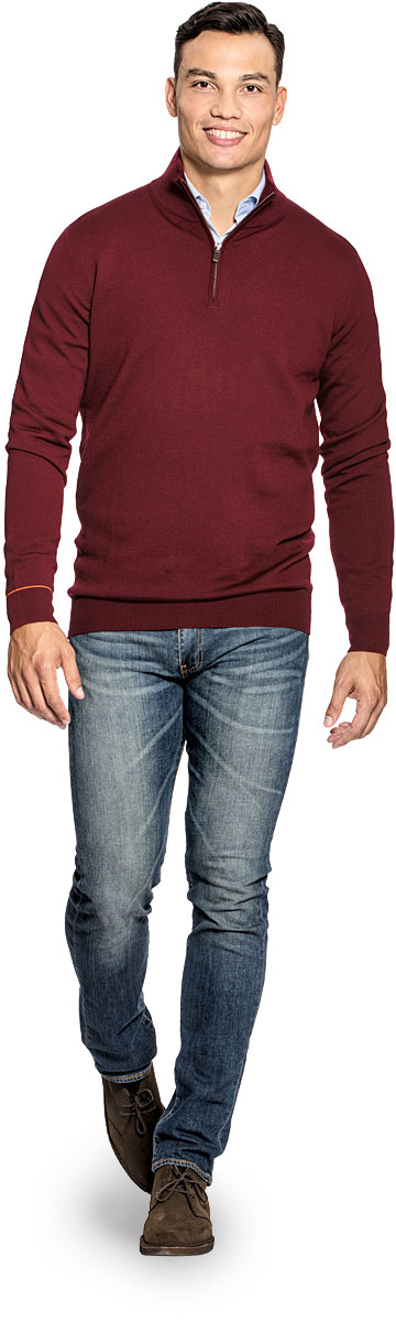 Extra long half zip sweater for men made of Merino wool in Red