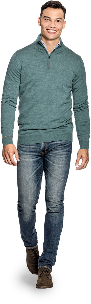 Extra long half zip sweater for men made of Merino wool in Light green