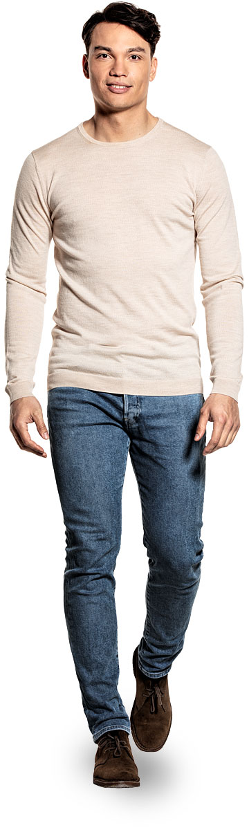 Extra long crew neck sweater for men made of Merino wool in Beige