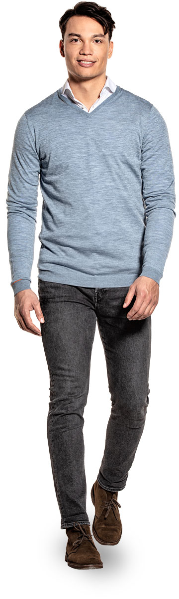 V-neck Extra Long voor mannen gemaakt van merinowol in het Blauwgrijs