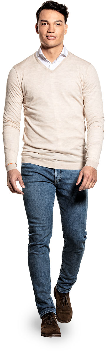 V-neck Extra Long voor mannen gemaakt van merinowol in het Beige