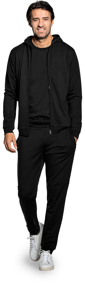 Hoodie with zipper for men made of Merino wool in Black