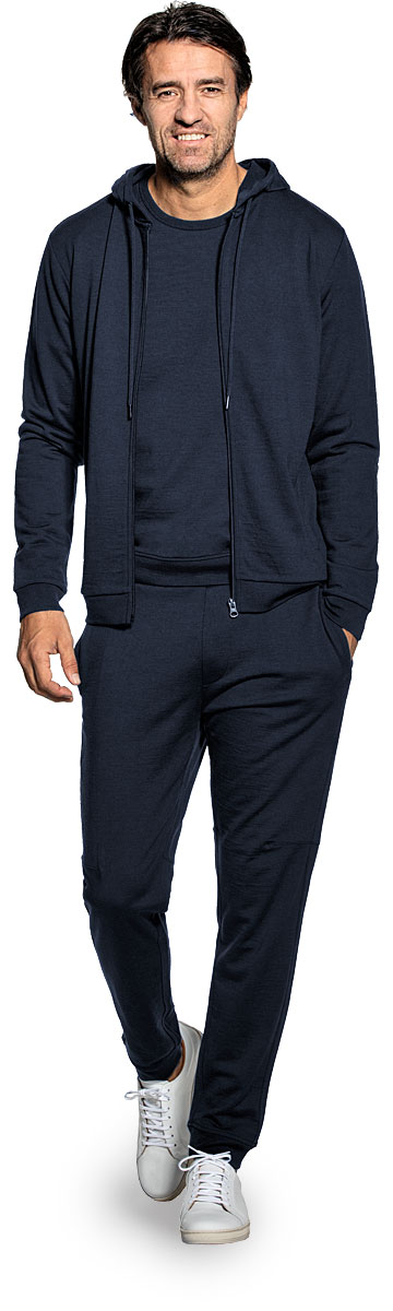 Hoodie with zipper for men made of Merino wool in Dark blue