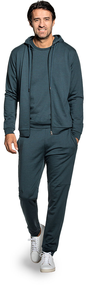Hoodie vest voor mannen gemaakt van merinowol in het Blauwgroen