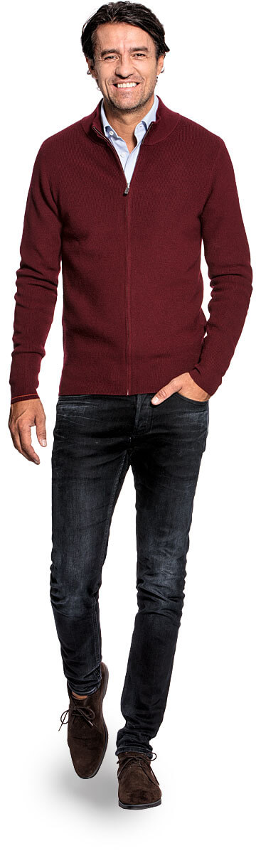 Ribbed cardigan for men made of Merino wool in Red