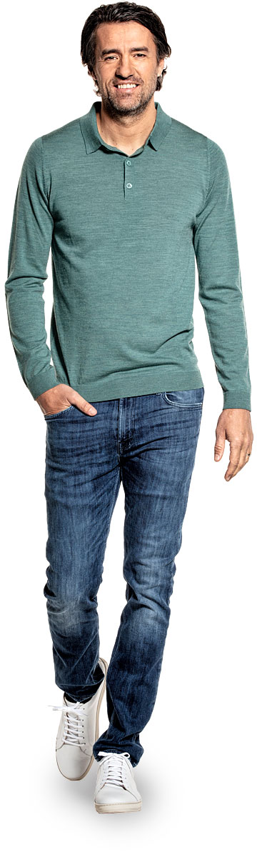 Polo long sleeve for men made of Merino wool in Light green