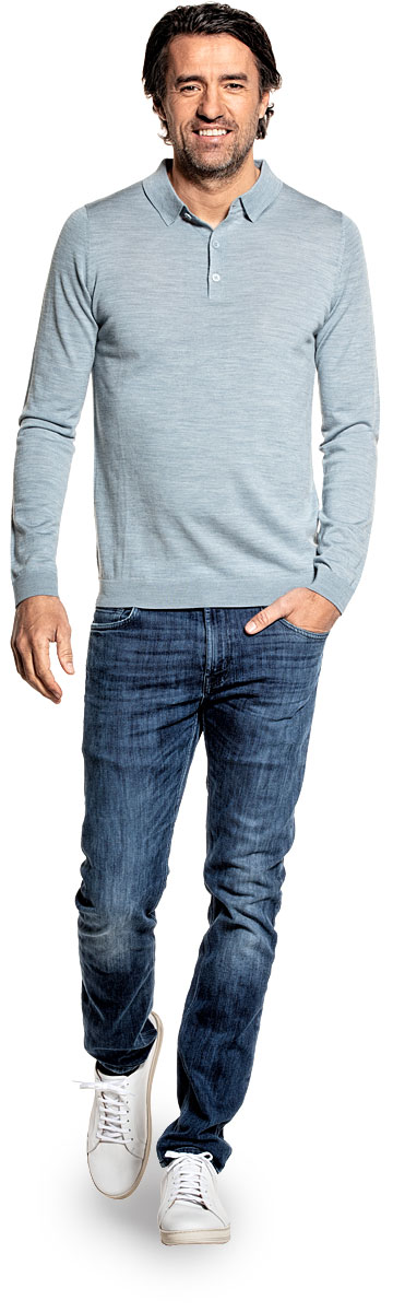 Polo long sleeve for men made of Merino wool in Light blue