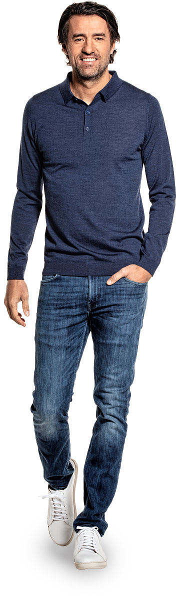 Polo long sleeve for men made of Merino wool in Blue