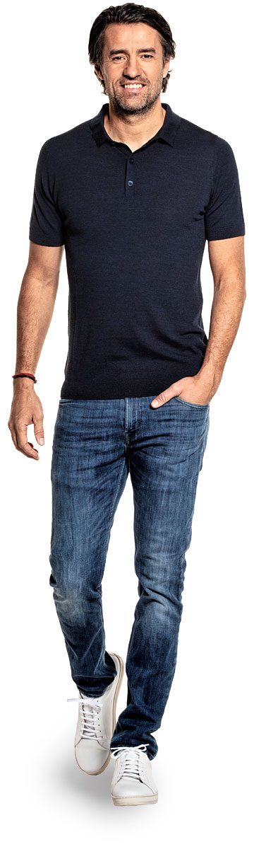 Riva Buttons Short Sleeve voor mannen gemaakt van merinowol in het Donkerblauw