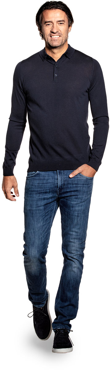 Polo long sleeve for men made of Merino wool in Dark blue