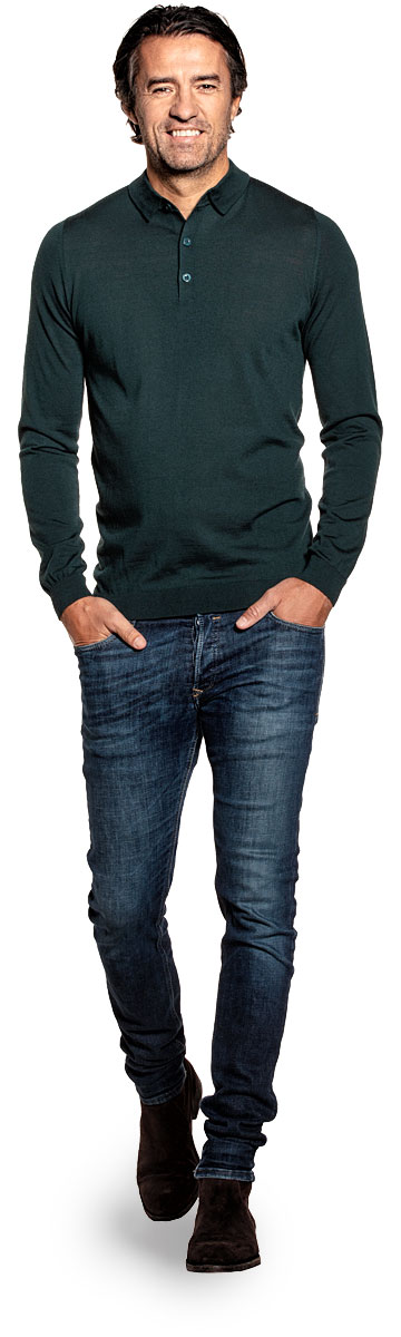 Poloshirt Langarm für Herren aus Merinowolle in Dunkelgrün