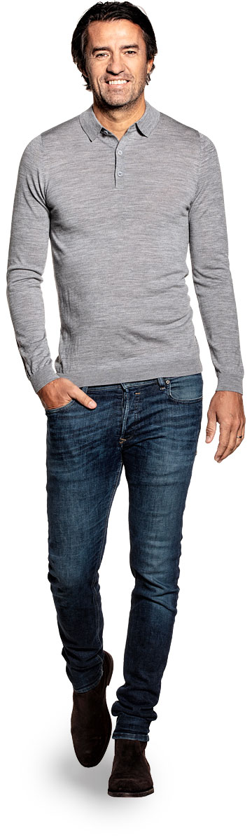 Polo long sleeve for men made of Merino wool in Grey