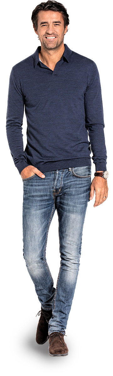 Polo long sleeve without buttons for men made of Merino wool in Blue