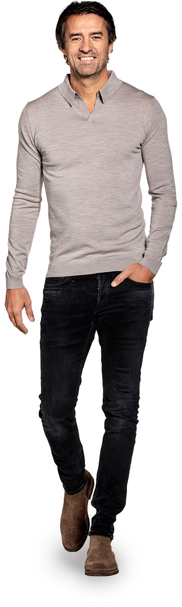 Polo long sleeve without buttons for men made of Merino wool in Beige