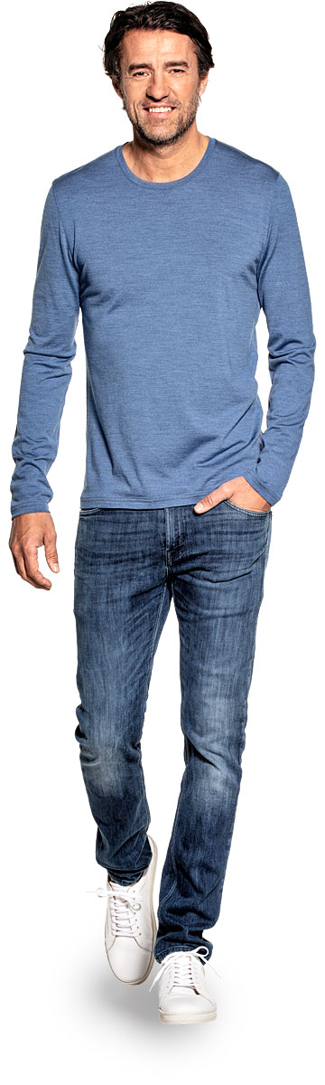 Shirt Long Sleeve voor mannen gemaakt van merinowol in het Helderblauw