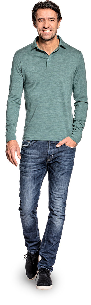 Polo shirt long sleeve for men made of Merino wool in Light green