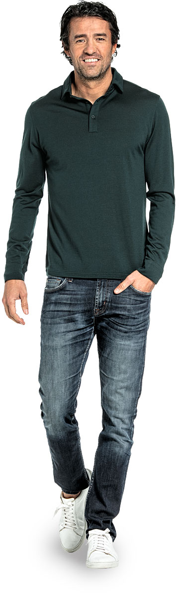 Polo shirt long sleeve for men made of Merino wool in Dark green