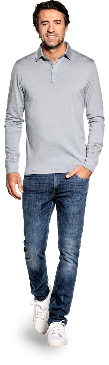 Shirt Polo Long Sleeve voor mannen gemaakt van merinowol in het Grijsblauw