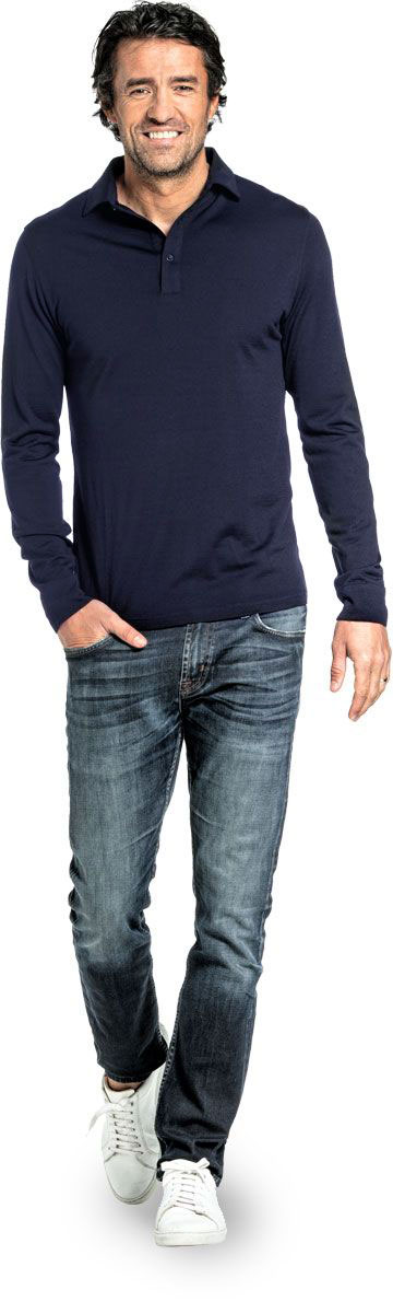 Polo shirt long sleeve for men made of Merino wool in Dark blue