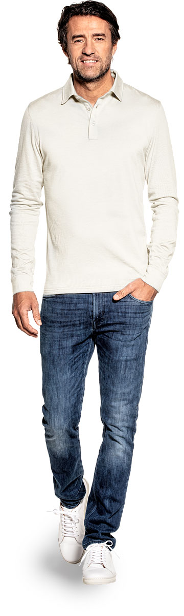 Polo shirt long sleeve for men made of Merino wool in White