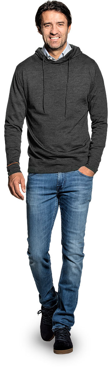 Sweater with hoodie for men made of Merino wool in Dark grey