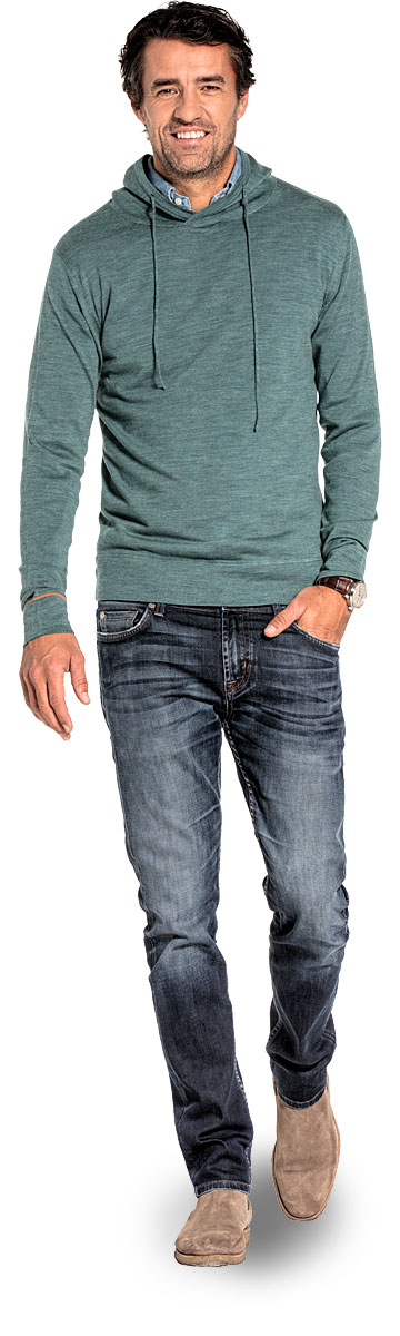 Sweater with hoodie for men made of Merino wool in Light green