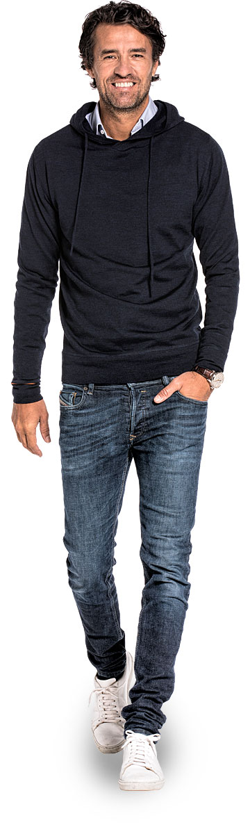 Sweater with hoodie for men made of Merino wool in Dark blue