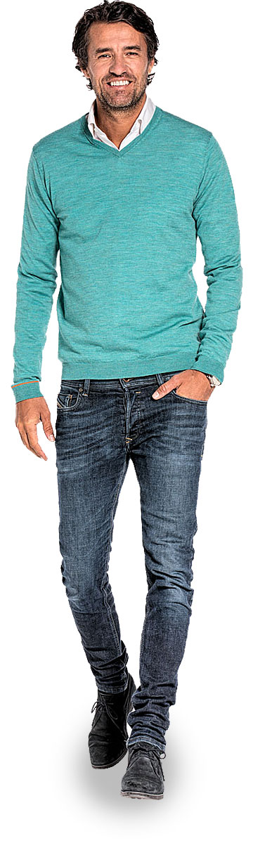 Pullover mit V-Ausschnitt für Herren aus Merinowolle in Blaugrün